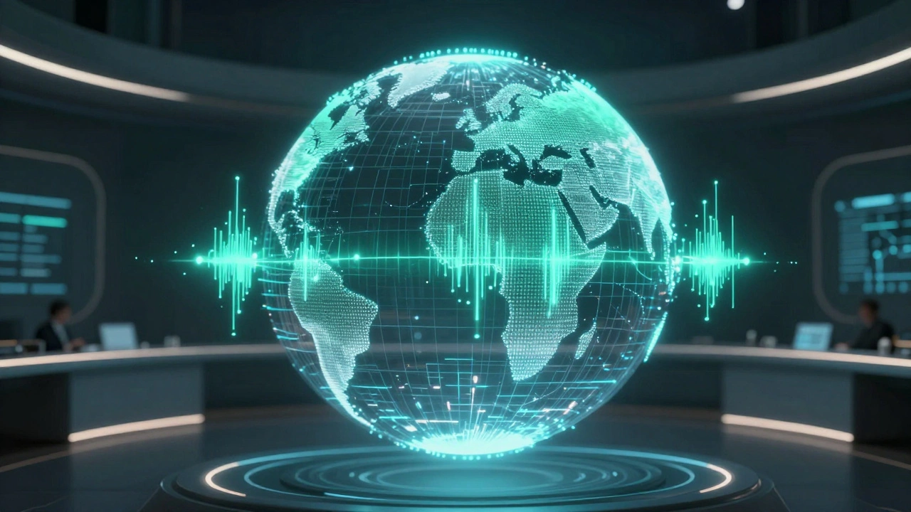 Glowing holographic globe with fiber connections showing financial technology