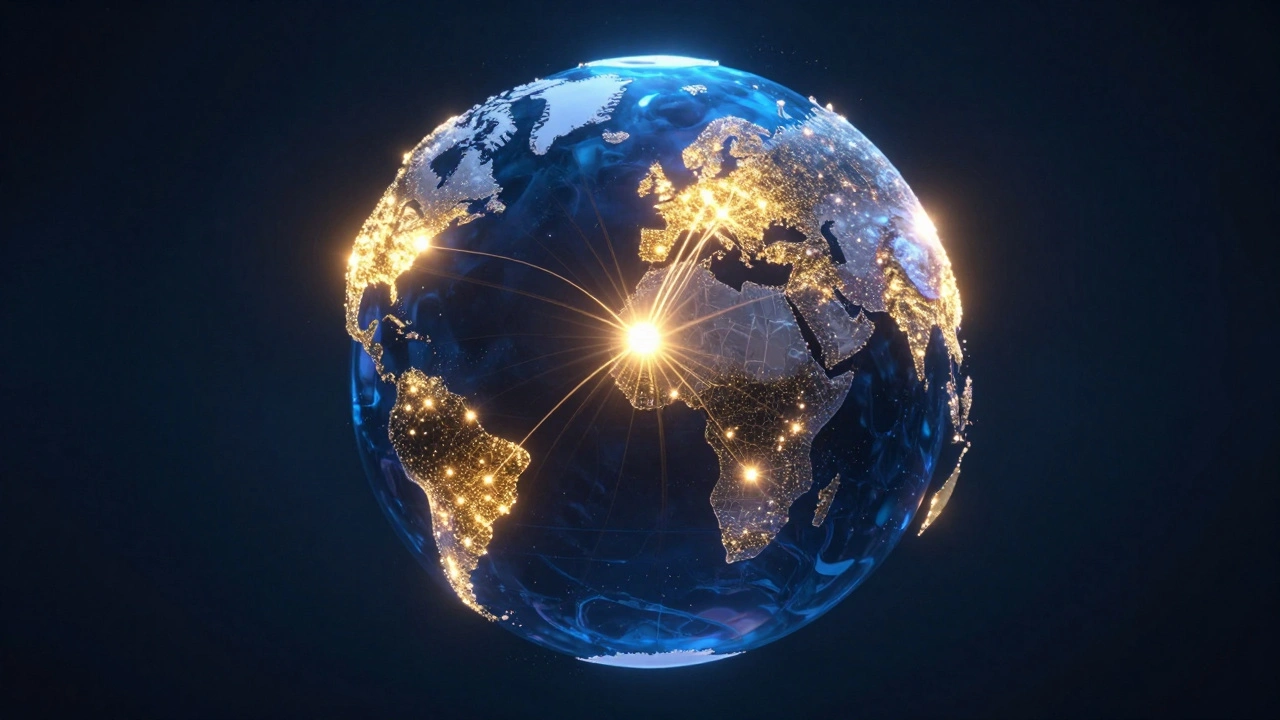 Glowing nodes on a globe showing direction of capital flow