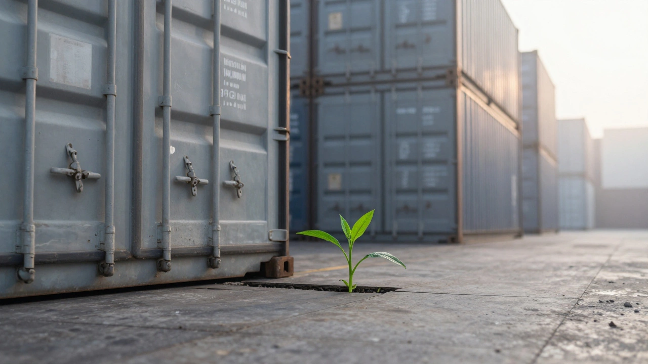 Green plant growing through a crack in industrial shipping containers.