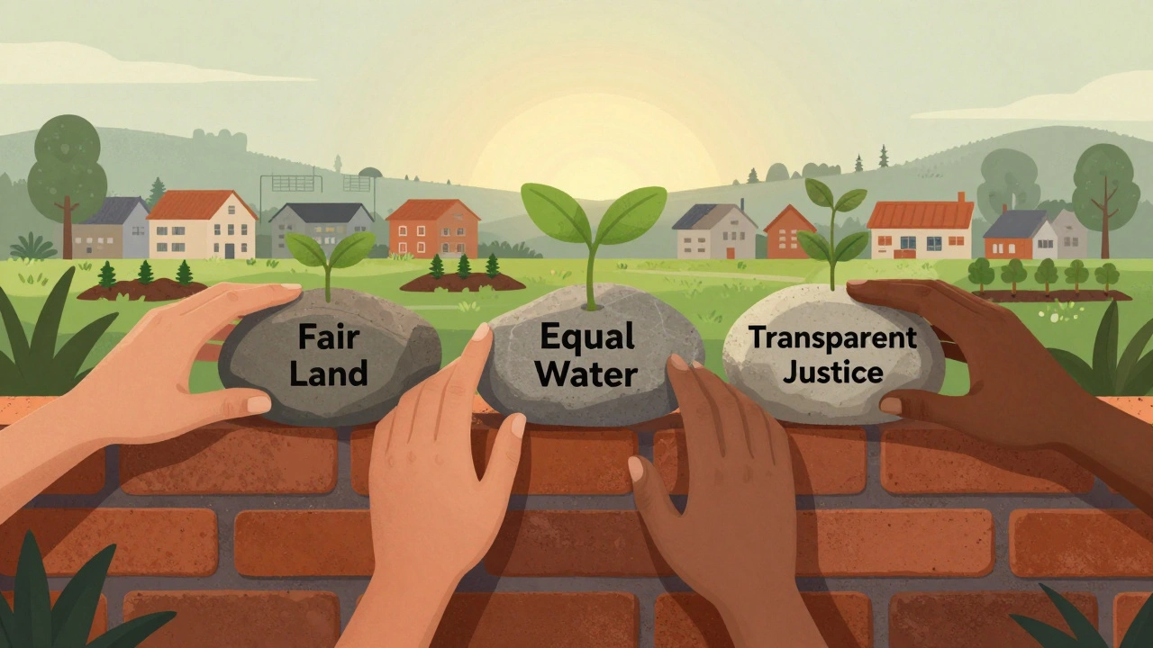 Hands of different skin tones building a wall together in a community garden, symbolizing shared justice.