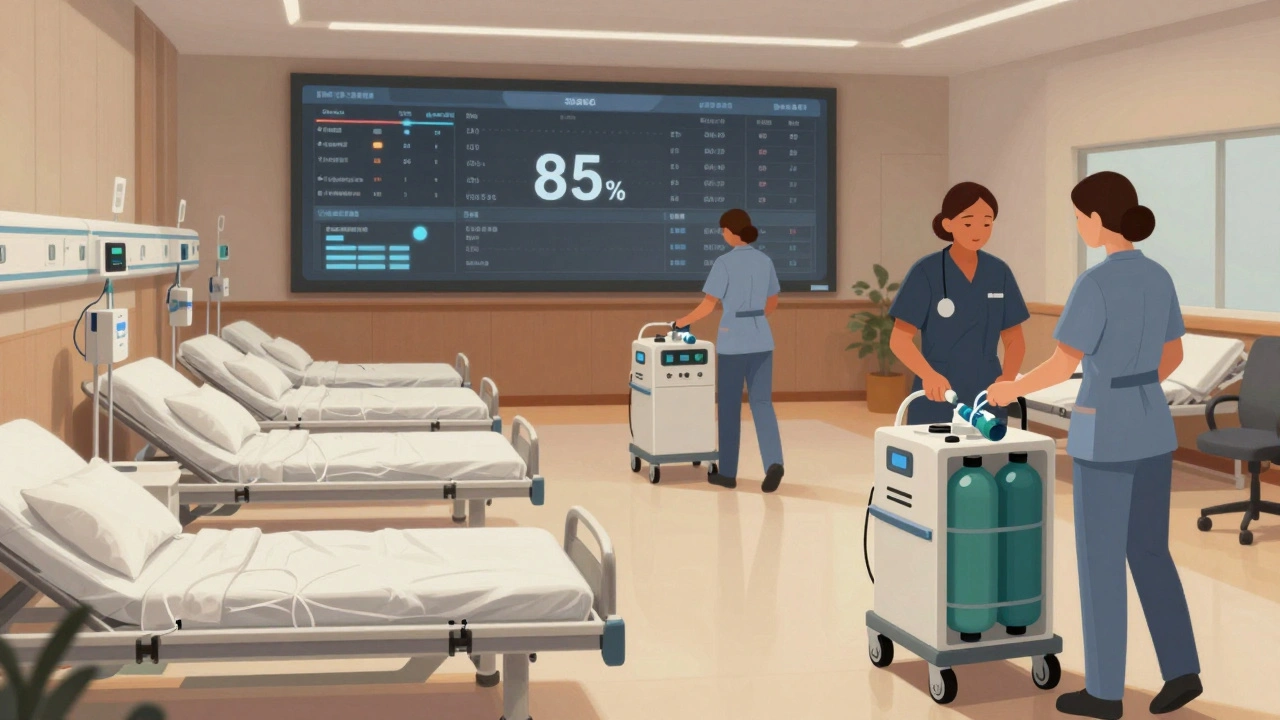 Hospital staff setting up temporary beds and portable ventilators in a converted room during surge conditions.