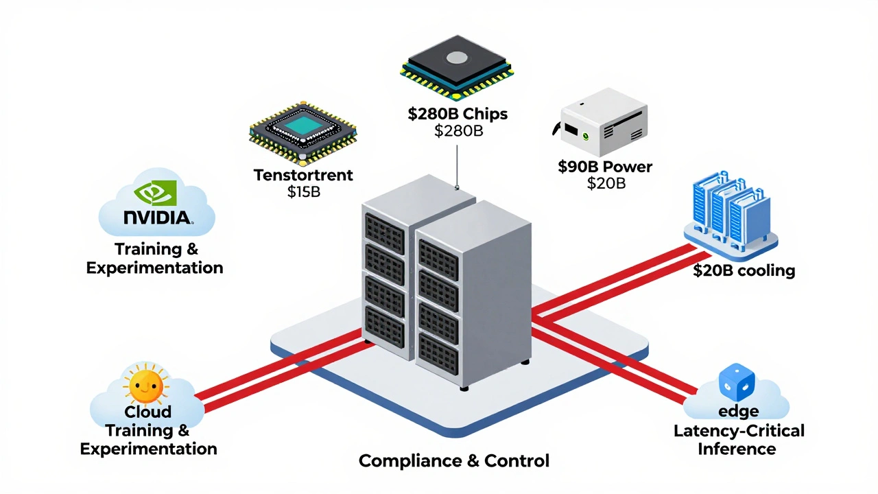 Hybrid AI architecture map with on-prem as anchor, connected to cloud and edge nodes, featuring chip and cooling system icons.