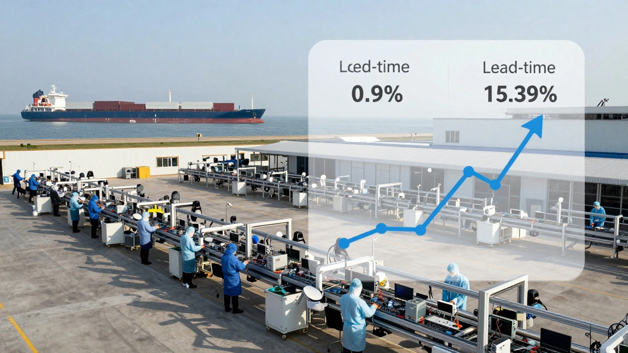 Hybrid manufacturing: overseas factory alongside nearshored facility in Mexico, with visual cost and lead-time comparisons.