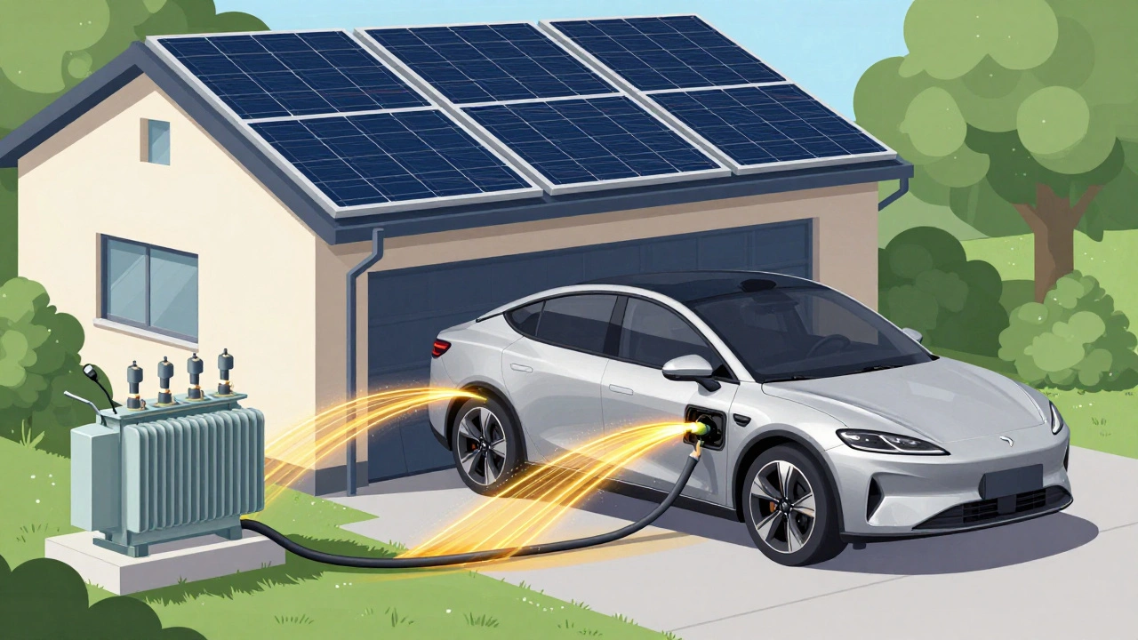 Illustration of car sending energy back to grid via bidirectional cable and solar panels