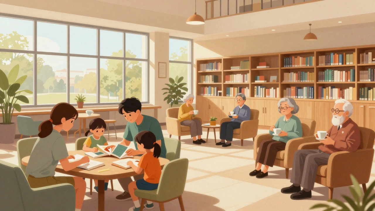 Inside a community center, teenagers tutoring toddlers while seniors relax in background.