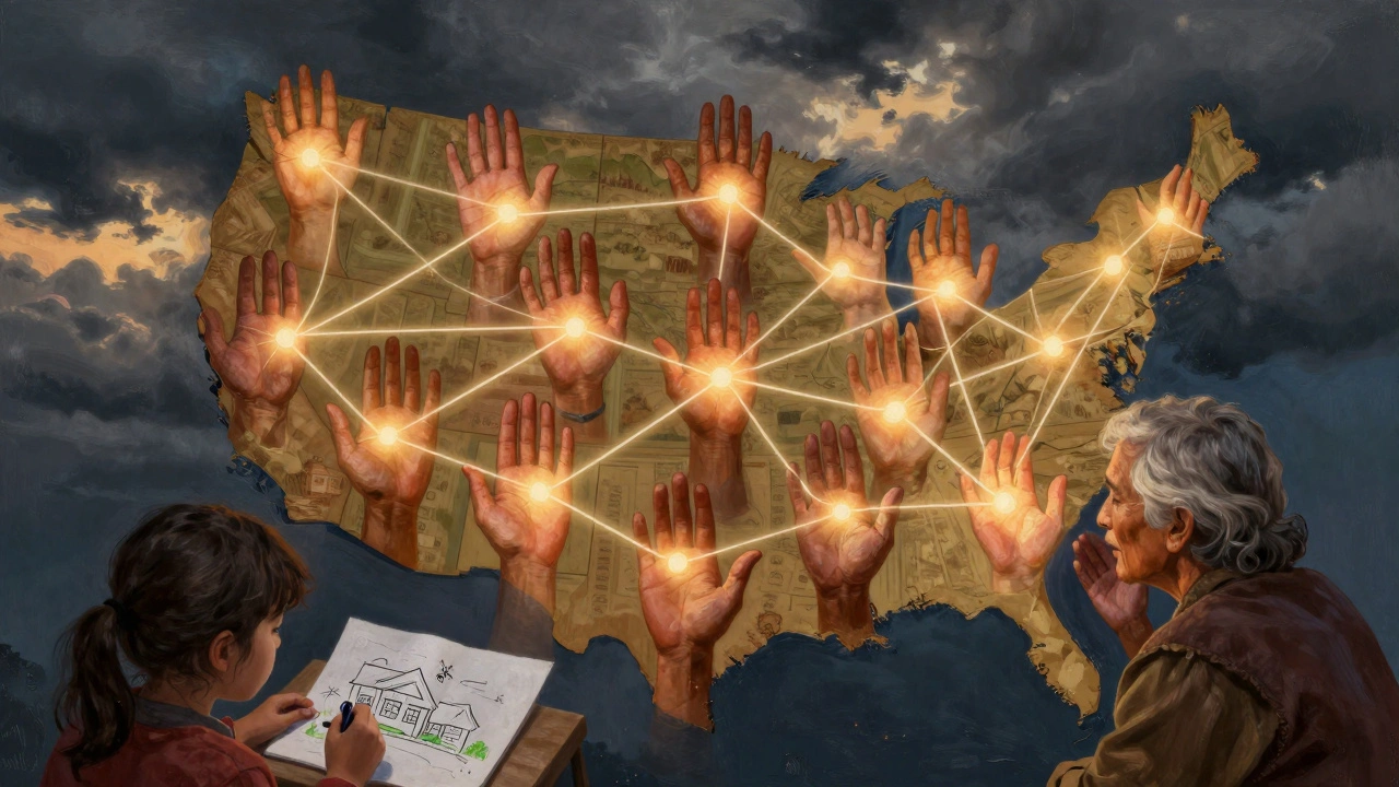Interconnected hands over a U.S. map, symbolizing community resilience across diverse populations.