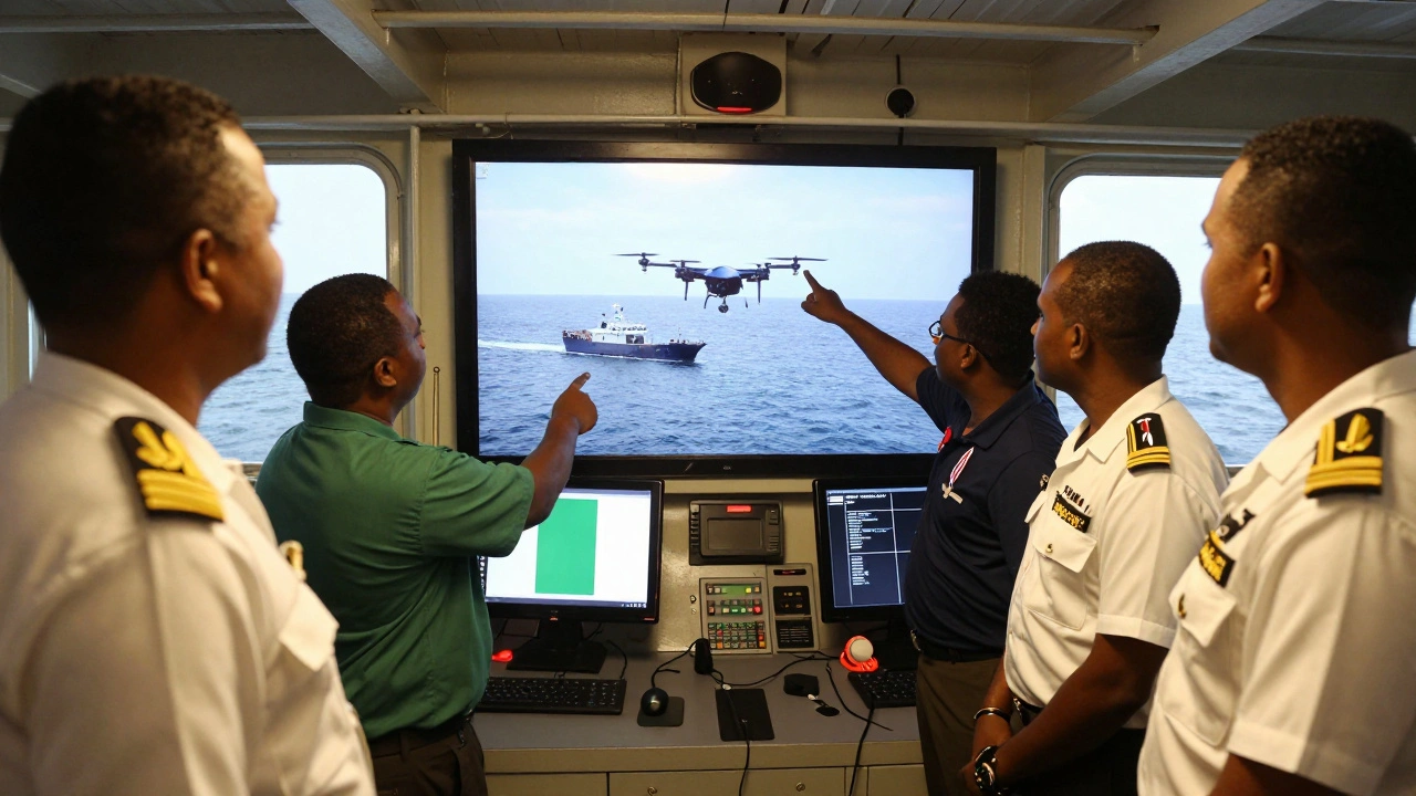 International maritime personnel collaborate on a ship's bridge, analyzing live drone footage of a suspicious vessel.