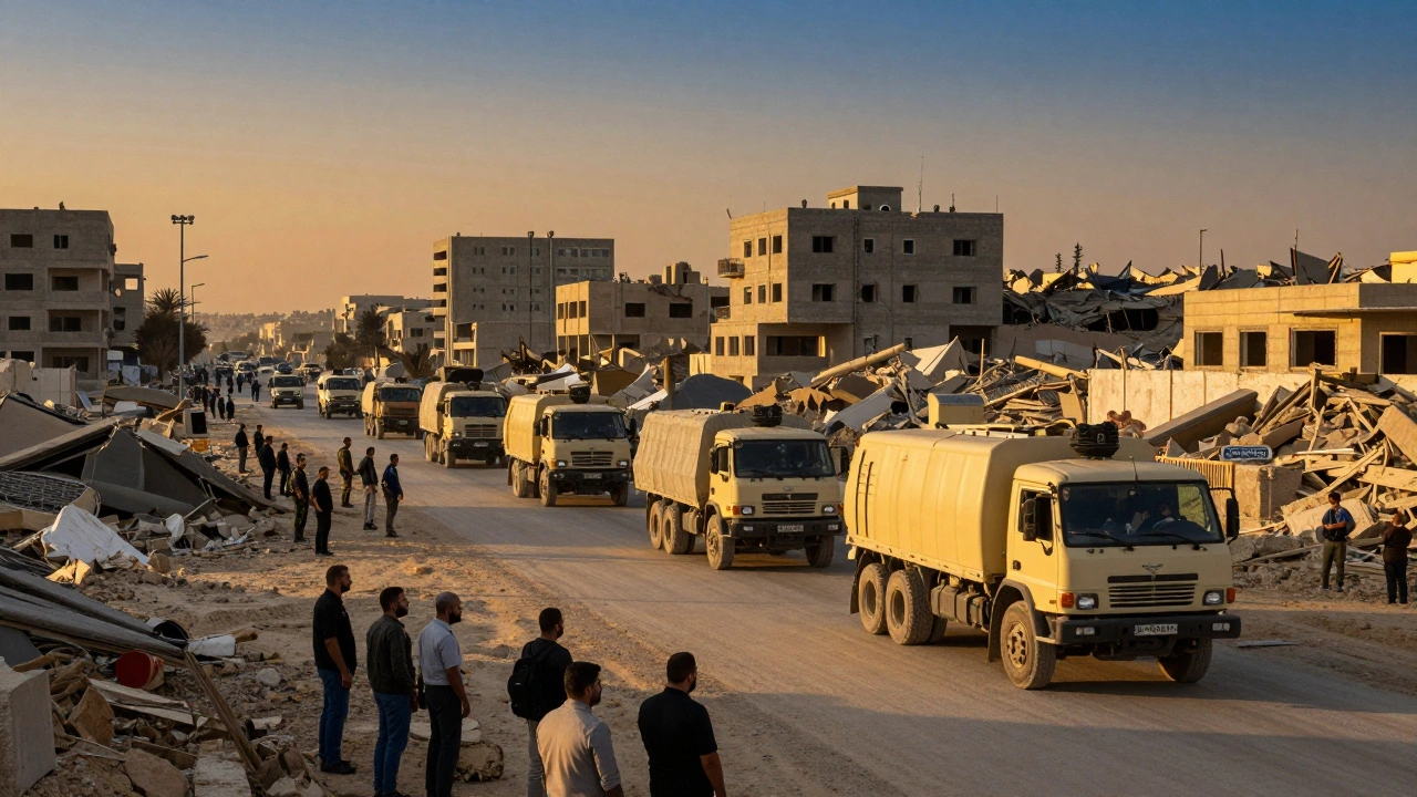 International peacekeeping convoy moving through reconstructed urban area