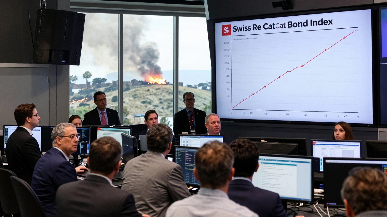 Investors monitor rising cat bond returns on a trading floor while wildfires burn in the distance outside.