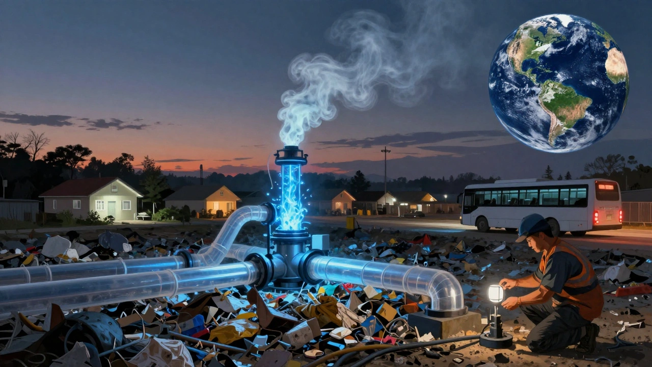 Landfill with methane capture system powering homes and buses, as sensors monitor emissions and satellite data shows reducing plumes.
