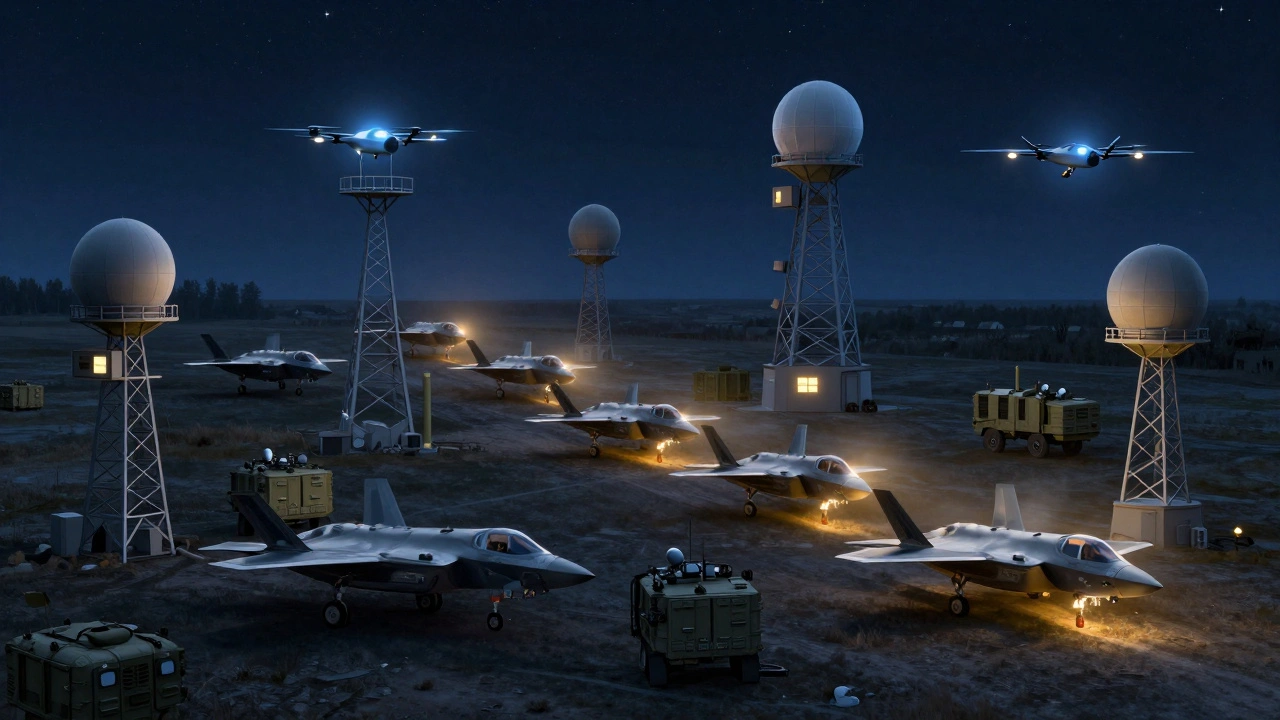 Layered air defense system with radar, drones, and jets intercepting threats over Polish airspace.