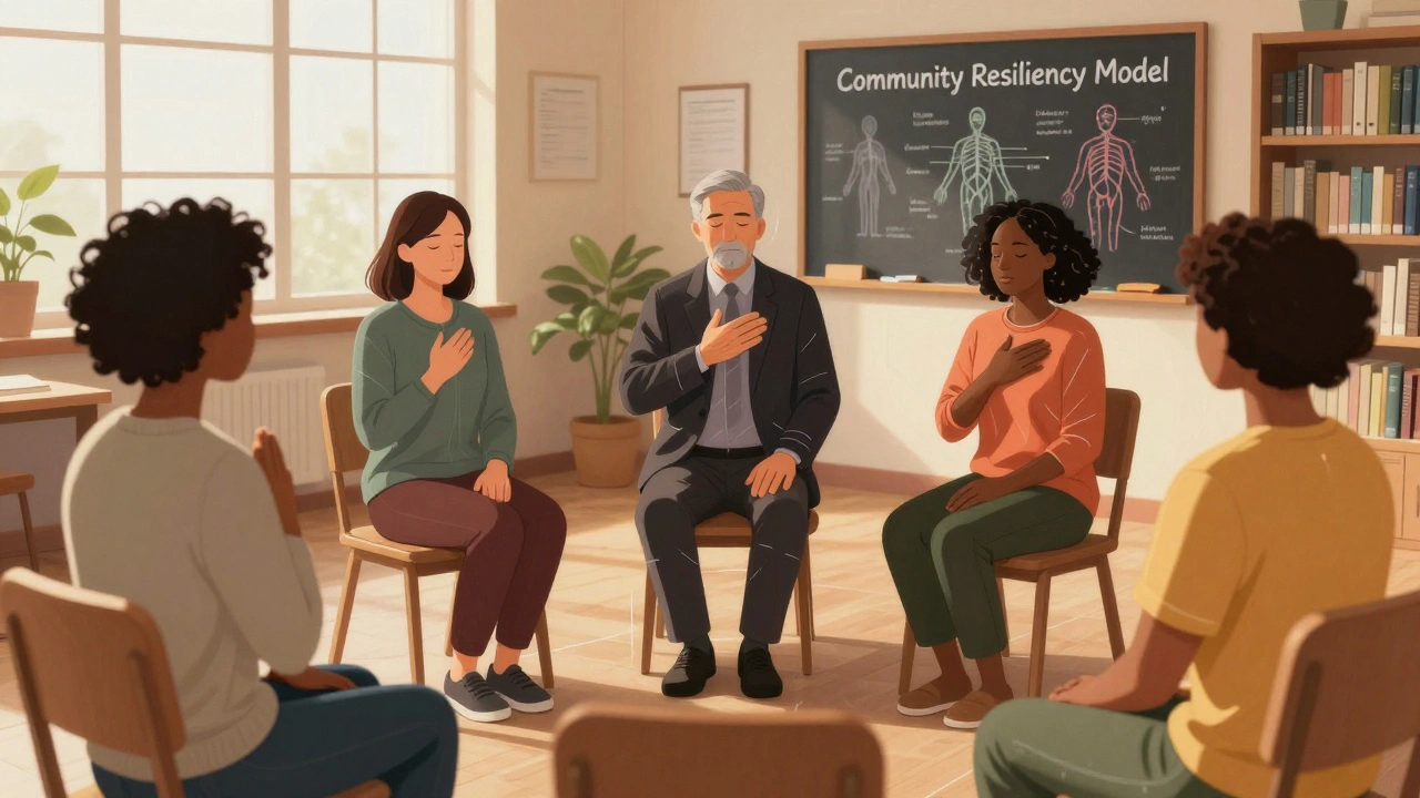 Local volunteers practicing grounding techniques in a circle, learning emotional regulation skills.