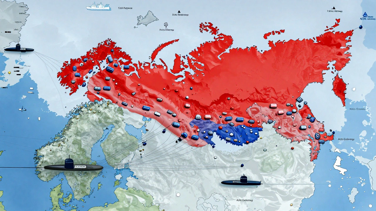 Map-style comparison showing Russia's dense Arctic military network versus NATO's scattered exercises and vulnerable undersea cables.