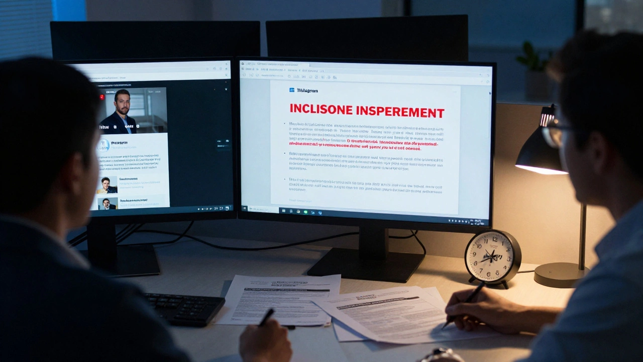 Marketing team reviewing influencer posts on monitors, one flagged for missing disclosure.