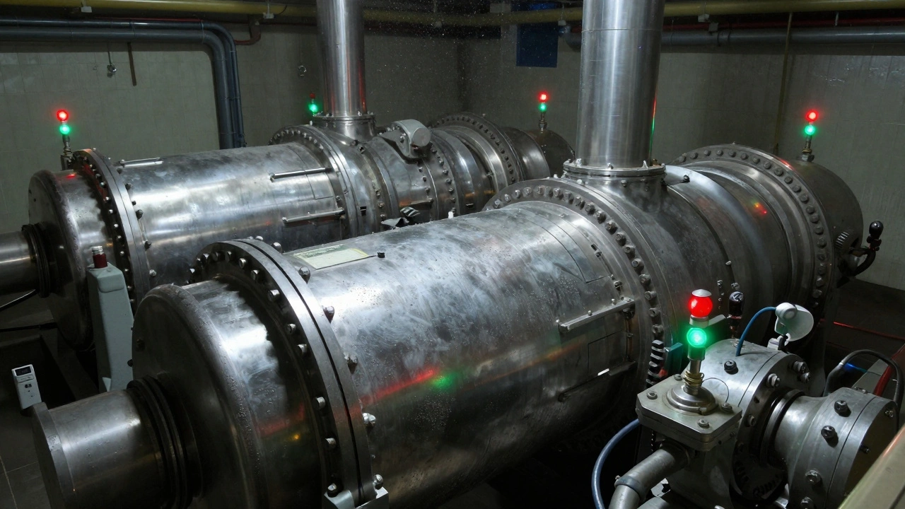 Metallic centrifuge cylinders with indicator lights in a secure chamber.