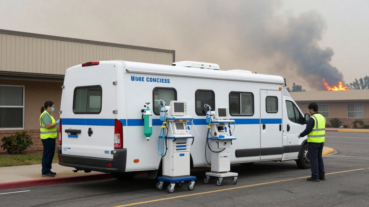 Mobile ICU unit parked outside a community center, equipped with medical gear, as wildfire smoke appears in the distance.