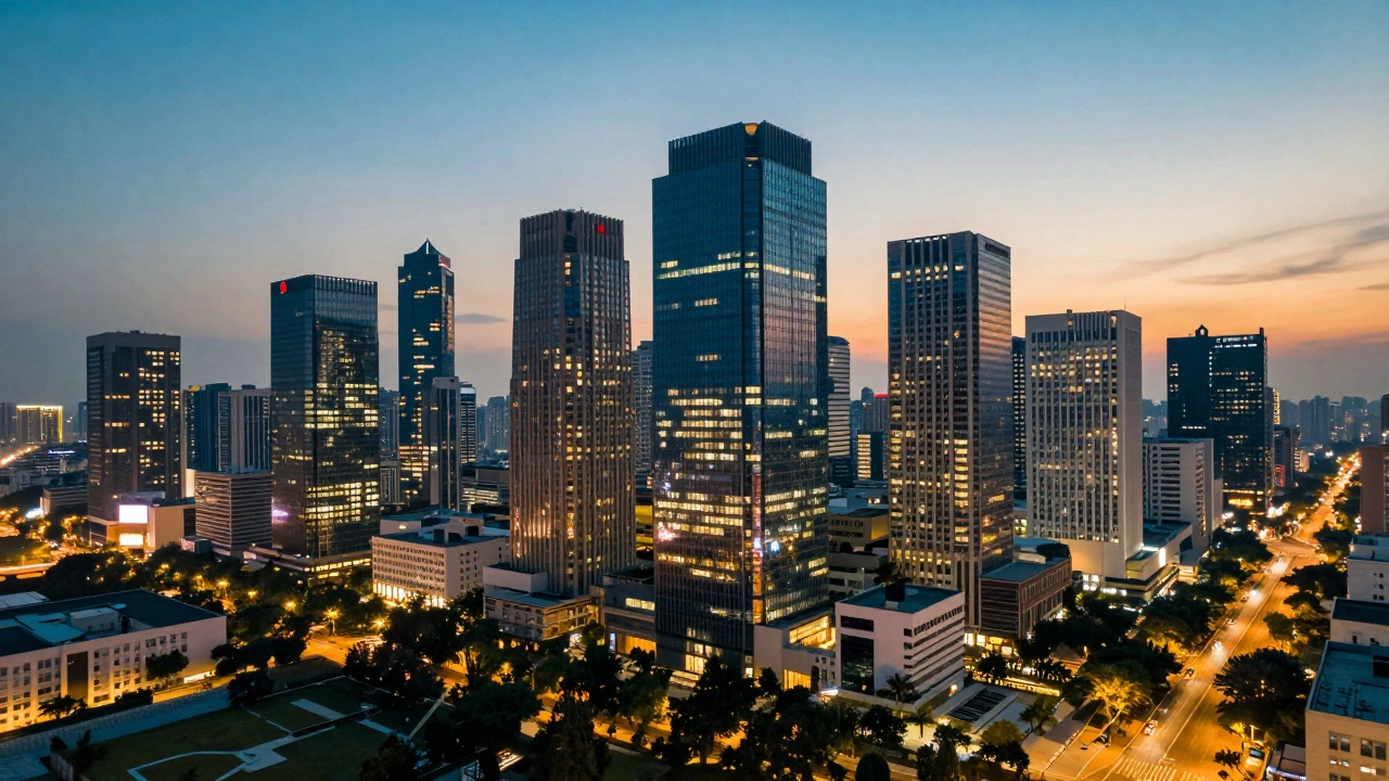 Modern city skyline at twilight with connected light pathways