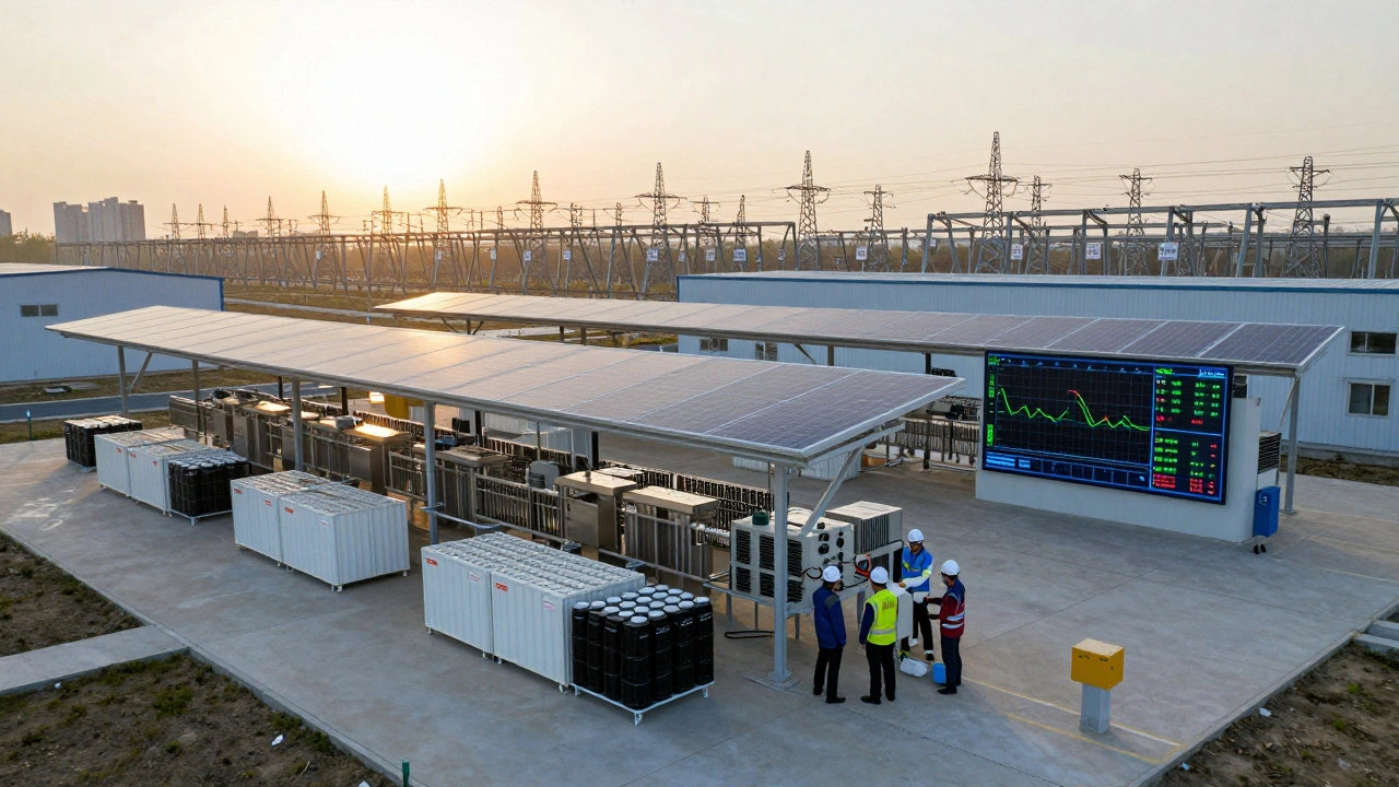 Modular solar and battery units installed at an industrial site, with digital energy dashboards showing real-time flow.