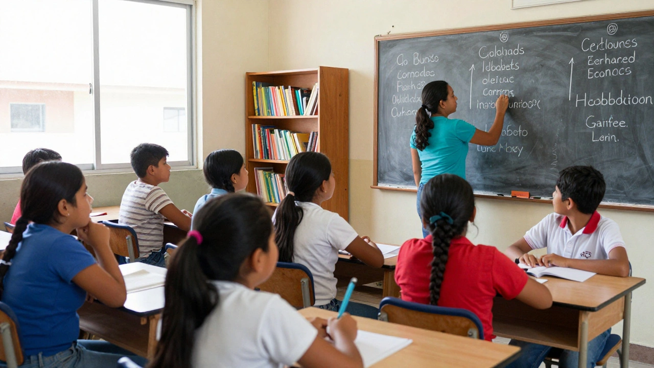 Multilingual classroom in Guatemala with students from different ethnic backgrounds learning together.