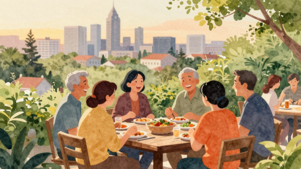 Neighbors sharing a meal outdoors while city buildings blur in the background.