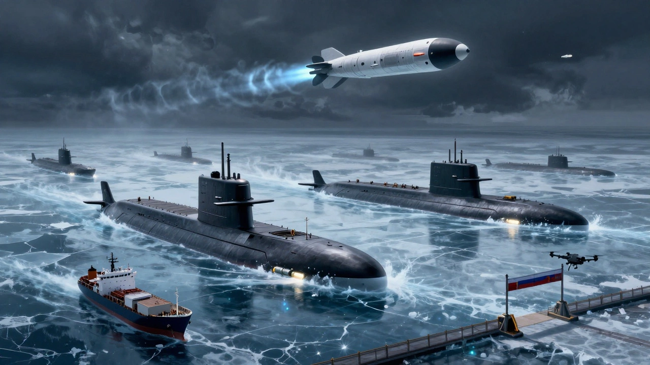 Nuclear submarines beneath melting ice, with a missile arcing overhead and a cargo ship passing a Russian checkpoint in the Arctic.