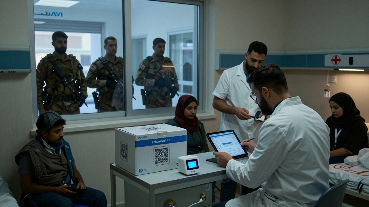 Palestinian medical staff treat patients in a fully operational hospital, monitored by UN and Red Crescent aid teams.