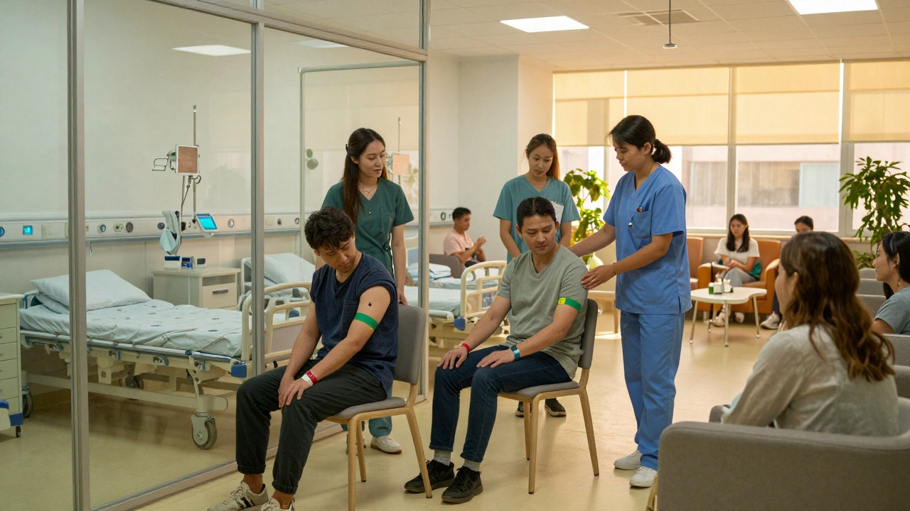 Patients with colored wristbands are guided to appropriate care zones in a coordinated regional medical center.