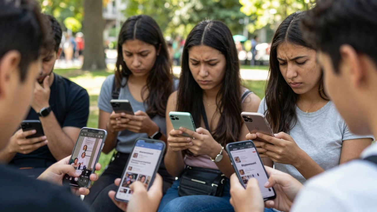 People in park scrolling phones, some posts clearly labeled as sponsored, others not.