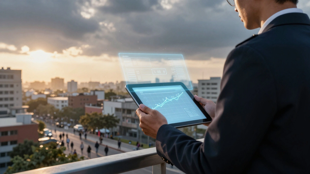 Planner overlooking city skyline symbolizing long-term demographic budget strategy