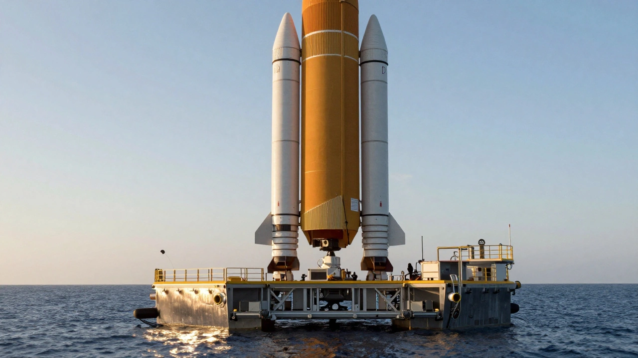 Recovered rocket booster on sea platform with landing legs deployed