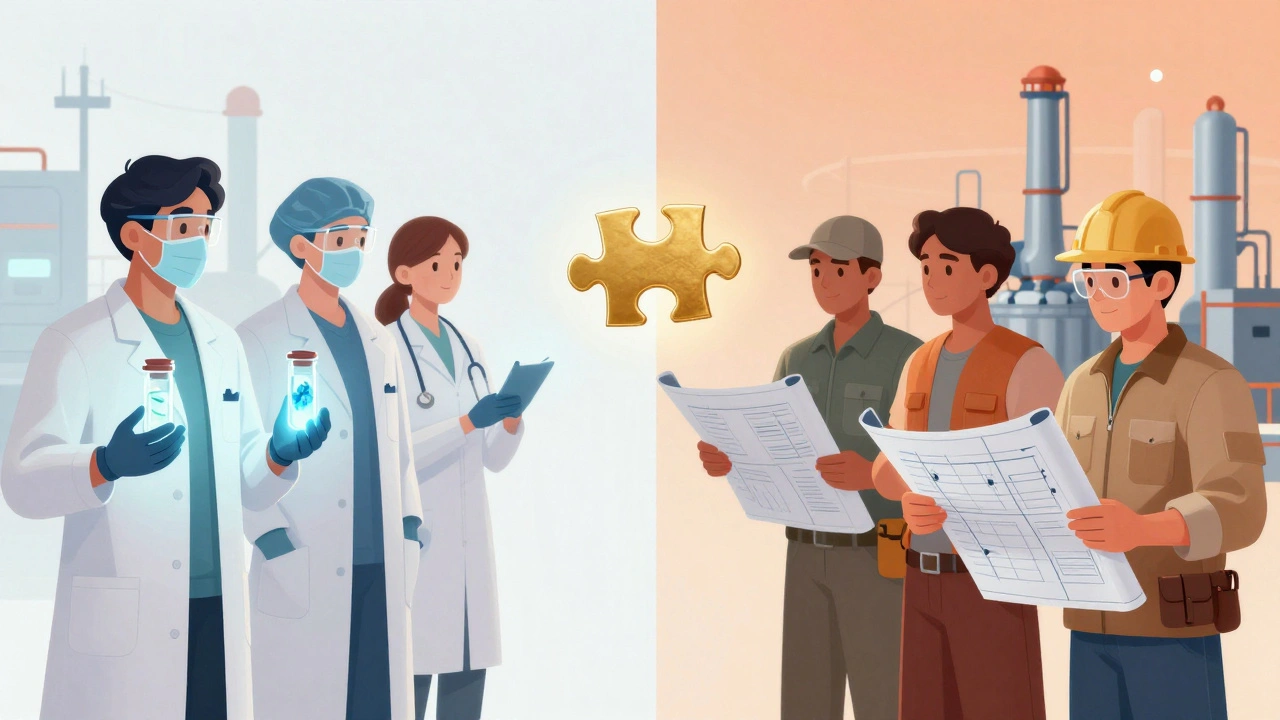Scientists and manufacturers separated by a floating golden puzzle piece