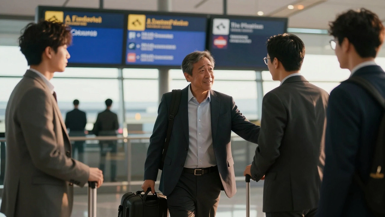 Skilled worker returning home welcomed by colleagues at airport