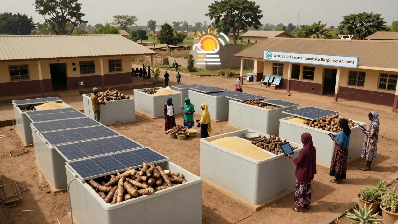 Solar-powered cold-storage hubs in Nigeria storing local crops, connected to a school and market, with weather alert indicator.