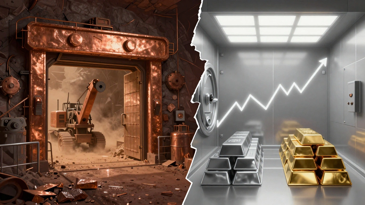 Split artwork showing rough mining gear beside a clean gold vault.