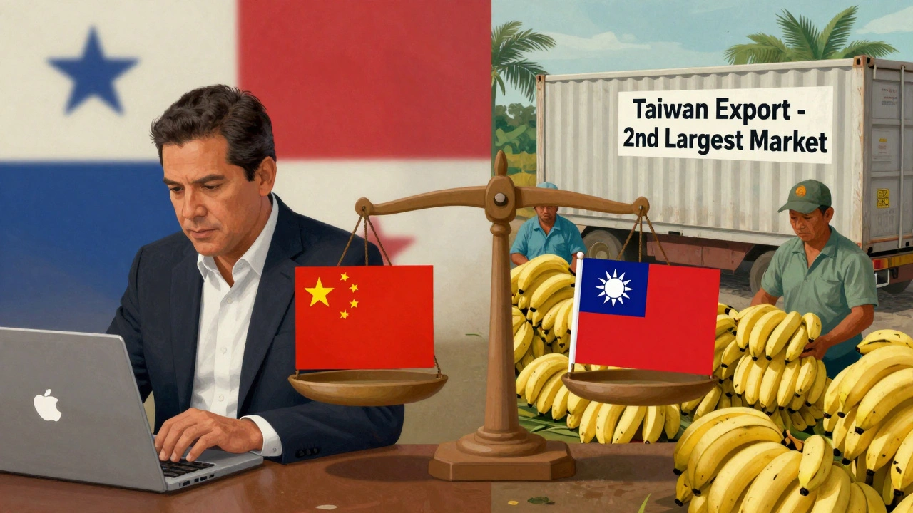 Split image showing Panama's president tweeting cautiously while farmers ship goods to Taiwan, with a balanced scale of flags.