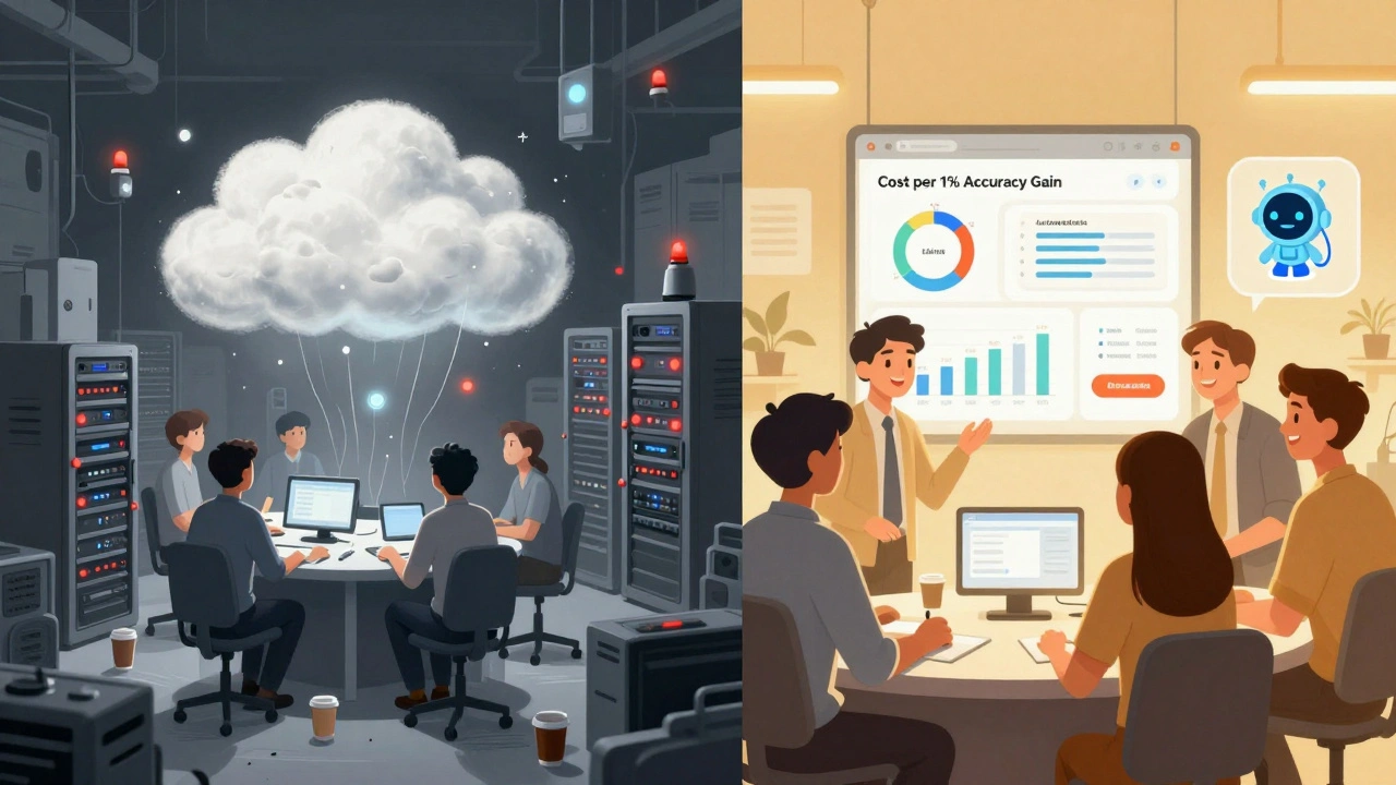 Split scene: chaotic AI lab with high costs on left, optimized team with clear metrics on right, symbolizing FinOps transformation.