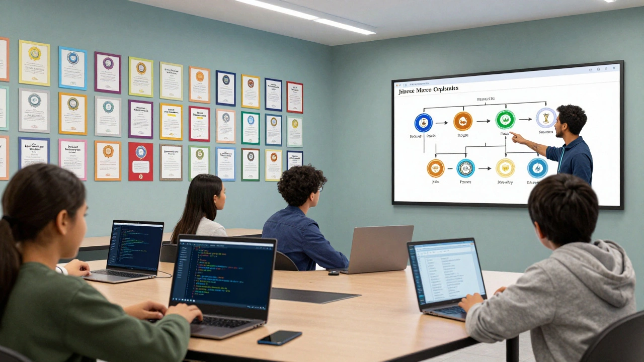 Students earning digital badges in a classroom with screens showing coding and cybersecurity skills.