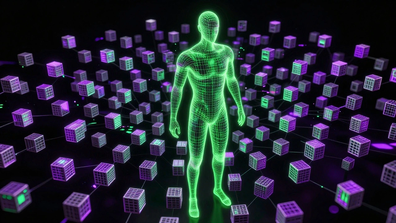Swarm of neon wireframe cubes converging on a human silhouette