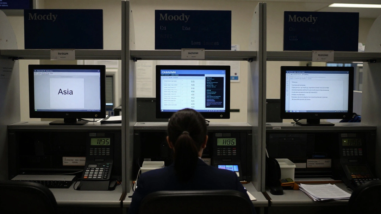 Three bank windows showing quiet signs of financial strain: loan write-offs, shrinking margins, and NBFI collapse.