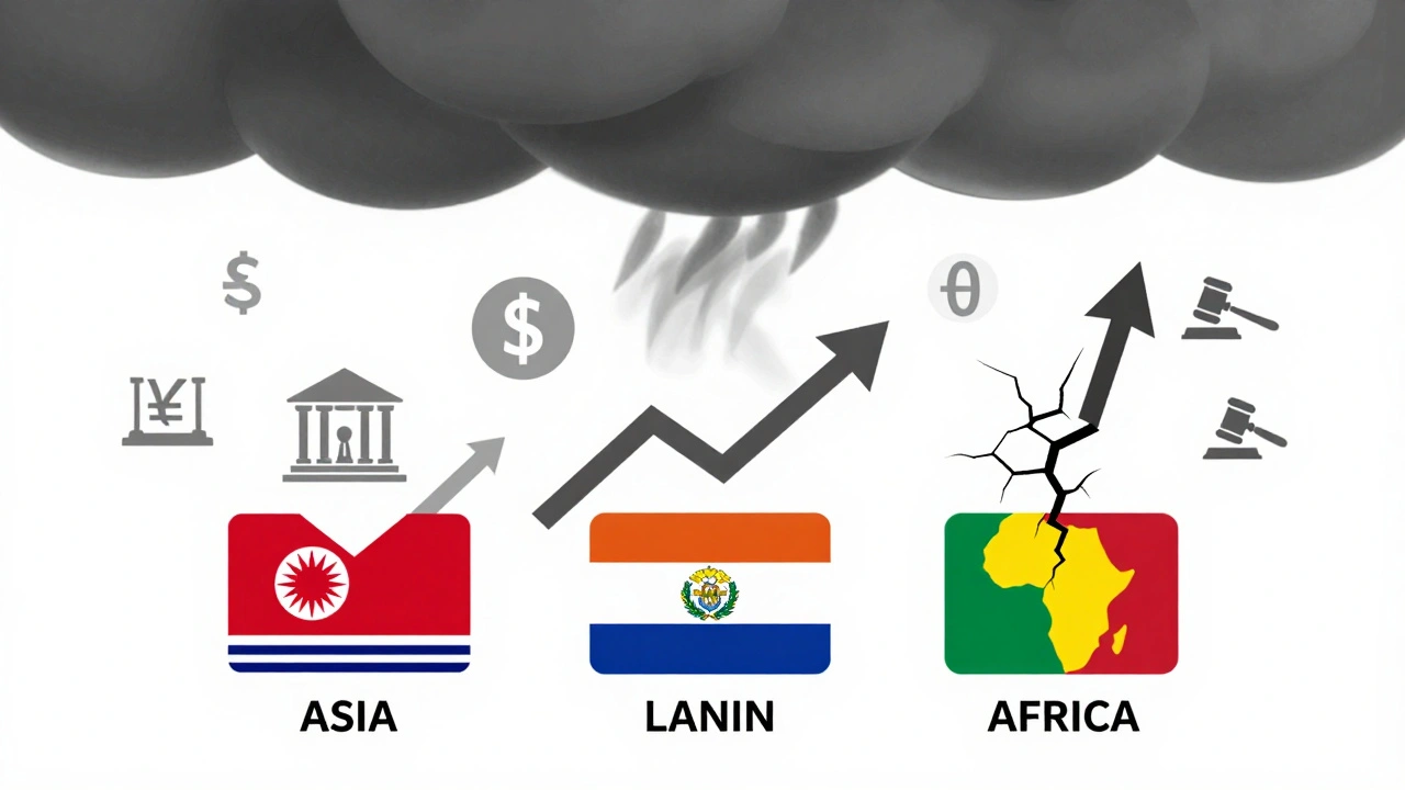 Three emerging markets with differing debt trajectories and institutional icons under a global risk storm.