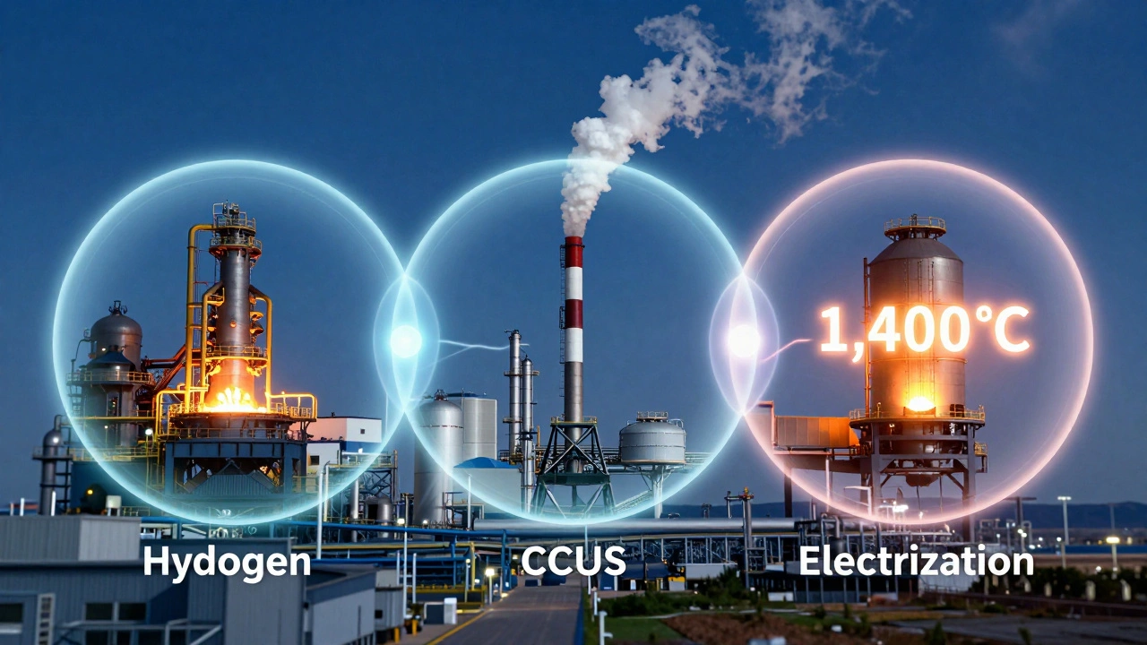 Three interconnected systems — hydrogen, CCUS, and electric heat — each visualized as a glowing orb within an industrial setting.