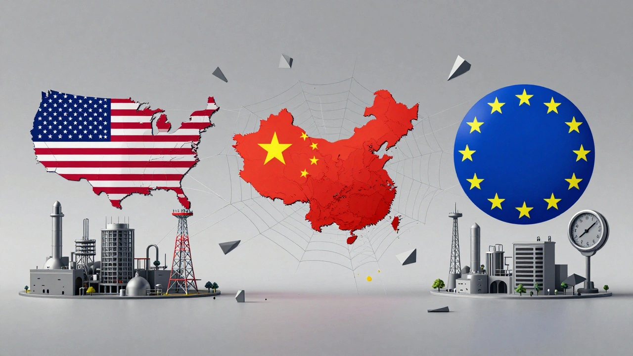 Three parallel economic blocs with snapping supply chains, illustrated in a surreal, fragmented art style representing global economic division.