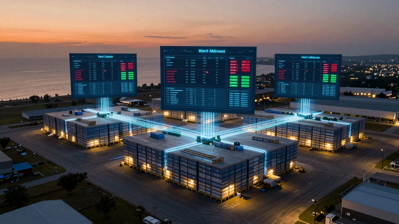 Three regional inventory hubs connected by dynamic AI-driven data streams adjusting stock levels during disruptions.