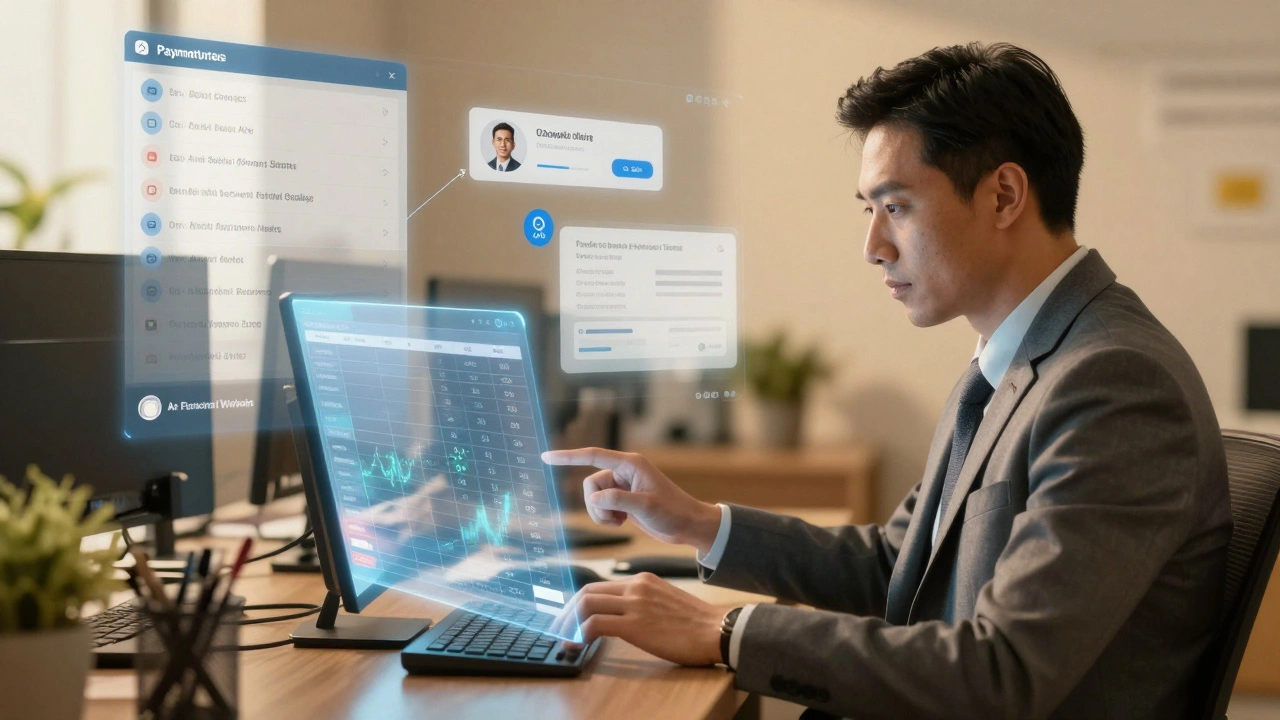 Treasurer reviewing AI cash forecast while automated payments and approvals run in background.