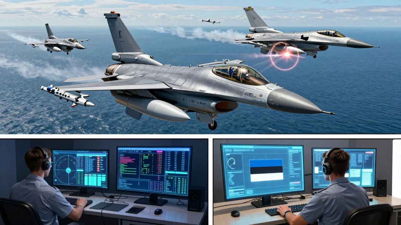 Turkish F-16s targeting a Russian drone over the Baltic Sea as ground controllers monitor data.