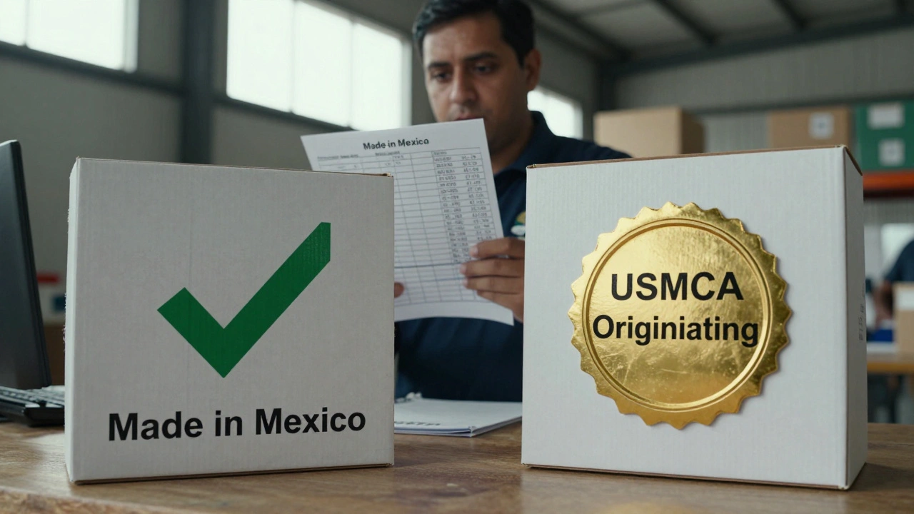 Two identical products side by side: one labeled 'Made in Mexico' and the other certified as 'USMCA Originating', with a customs officer reviewing documentation.