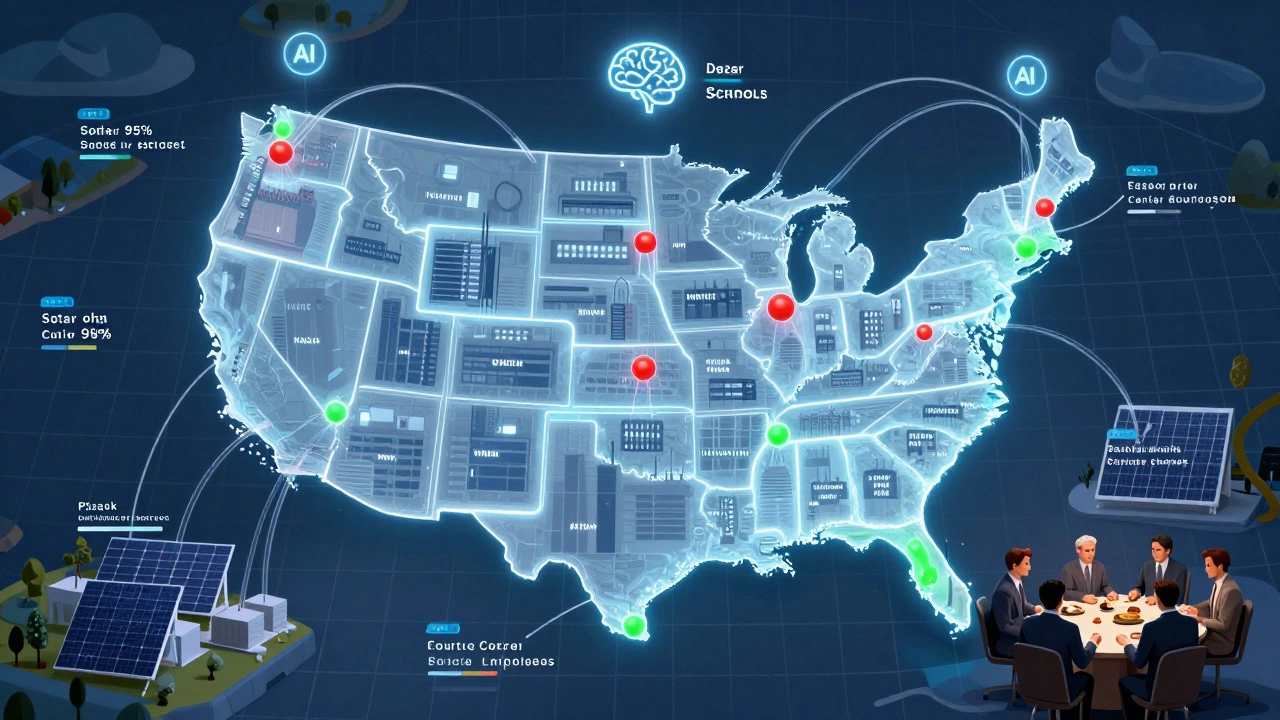 U.S. map with private energy connections linking facilities, AI forecasting icons, and a community meeting scene.