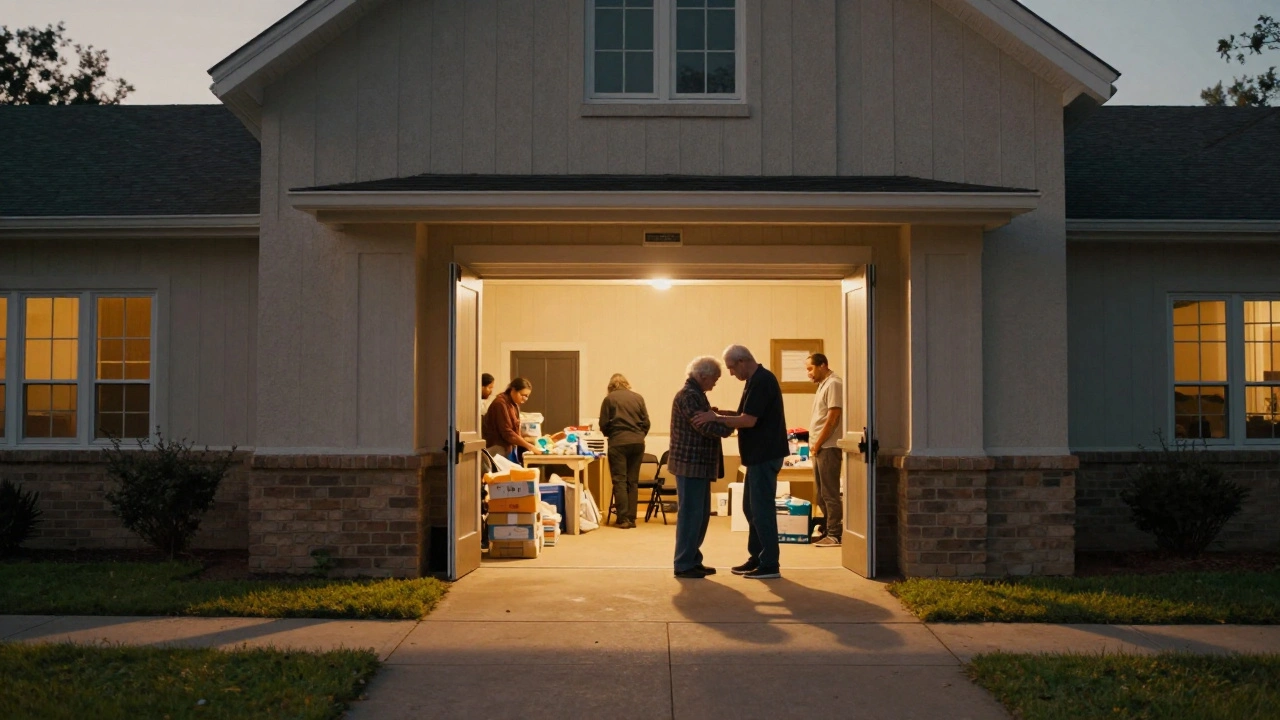 Volunteers organizing supplies inside a church during evening hours.