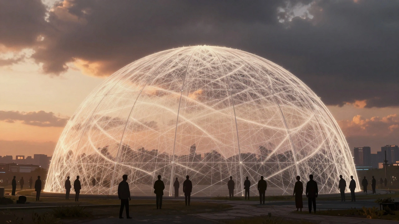 Woven light dome protecting shadowy figures from storm clouds above