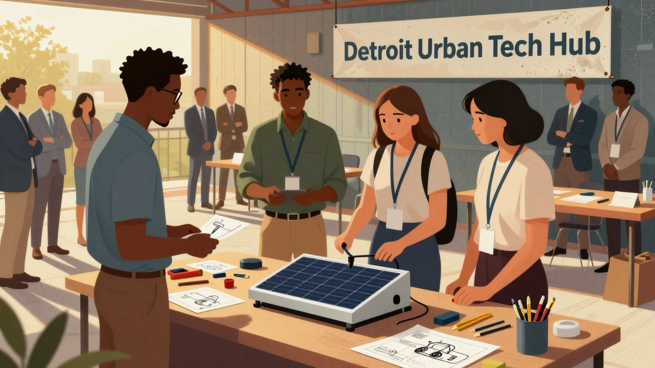 Young entrepreneurs presenting a solar irrigation project at a community innovation event.